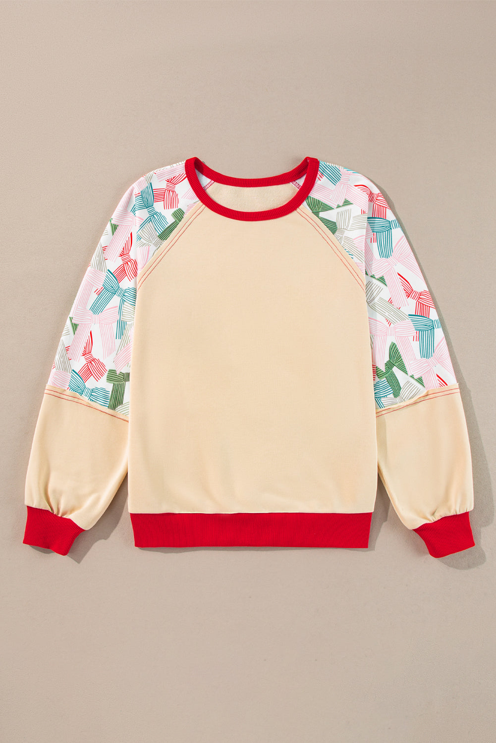 Beige Bowknot Printed Patchwork Raglan Sleeve Colorblock Edge Top Long Sleeve Tops JT's Designer Fashion