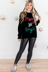 Black Tinsel Merry and Bright Graphic Christmas Sweater Sweaters JT's Designer Fashion