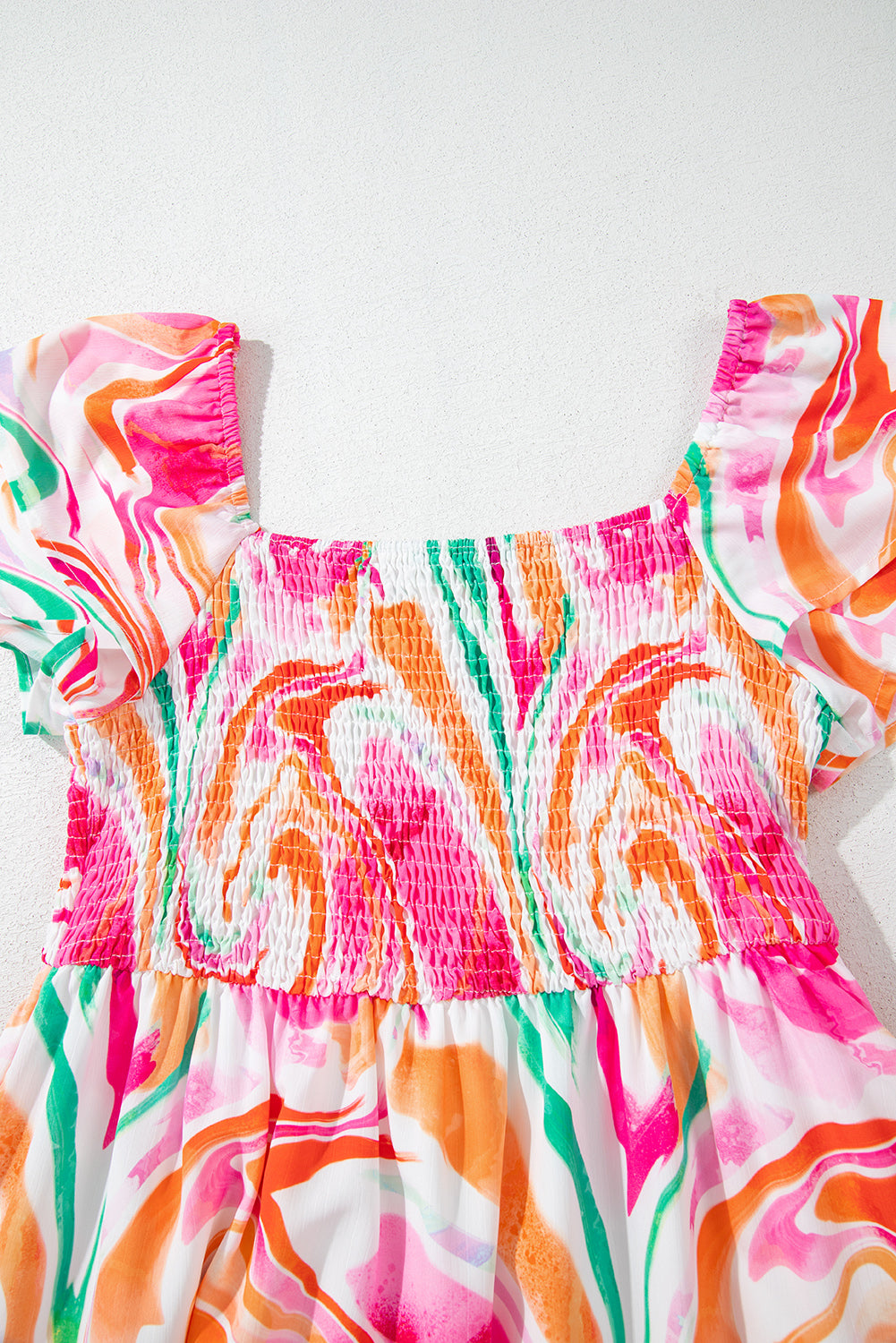 Pink Abstract Print Ruffled Sleeve Smocked Bust Long Dress Maxi Dresses JT's Designer Fashion