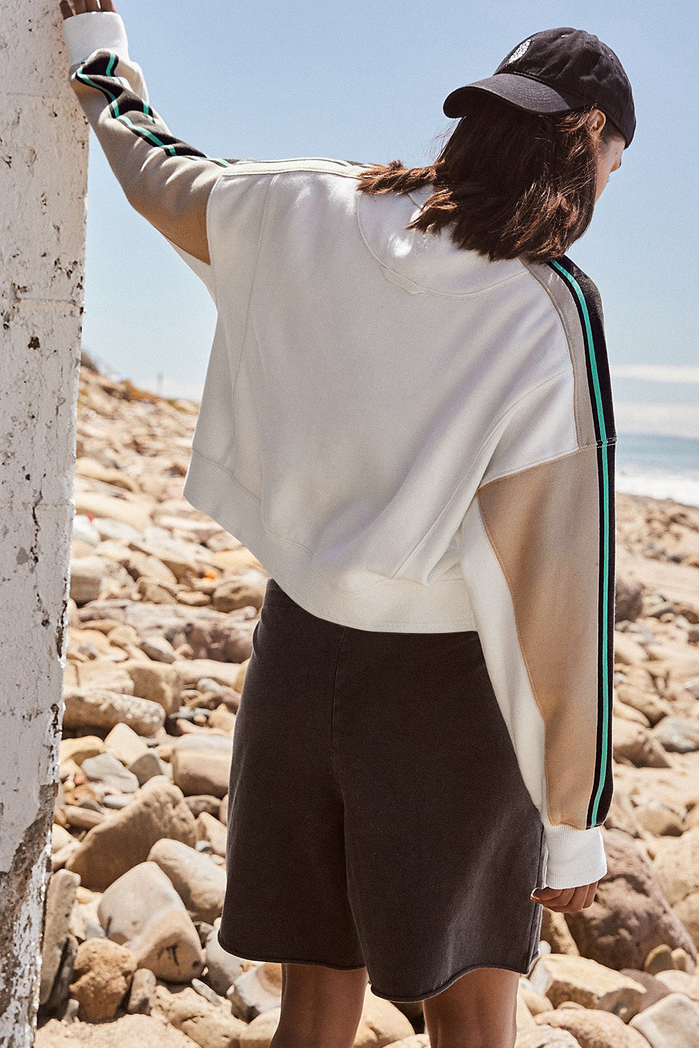 White Striped Color Block Exposed Seam Loose Active Sweatshirt Sweatshirts & Hoodies JT's Designer Fashion