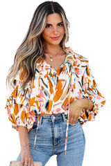 Yellow Abstract Print Drawstring Frilled V Neck 3/4 Sleeve Blouse Blouses & Shirts JT's Designer Fashion