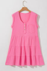 Bright Pink Waffle Textured Button Round Neck A-line Tiered Sleeveless Dress Mini Dresses JT's Designer Fashion