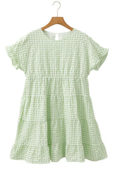 Green Stripe Textured Tiered Short Sleeve Loose Mini Dress Mini Dresses JT's Designer Fashion