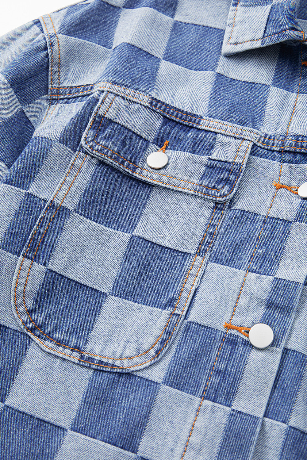 Light Blue Checkered Patchwork Button up Denim Jacket Denim Jackets JT's Designer Fashion