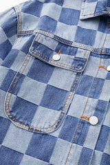 Light Blue Checkered Patchwork Button up Denim Jacket Denim Jackets JT's Designer Fashion