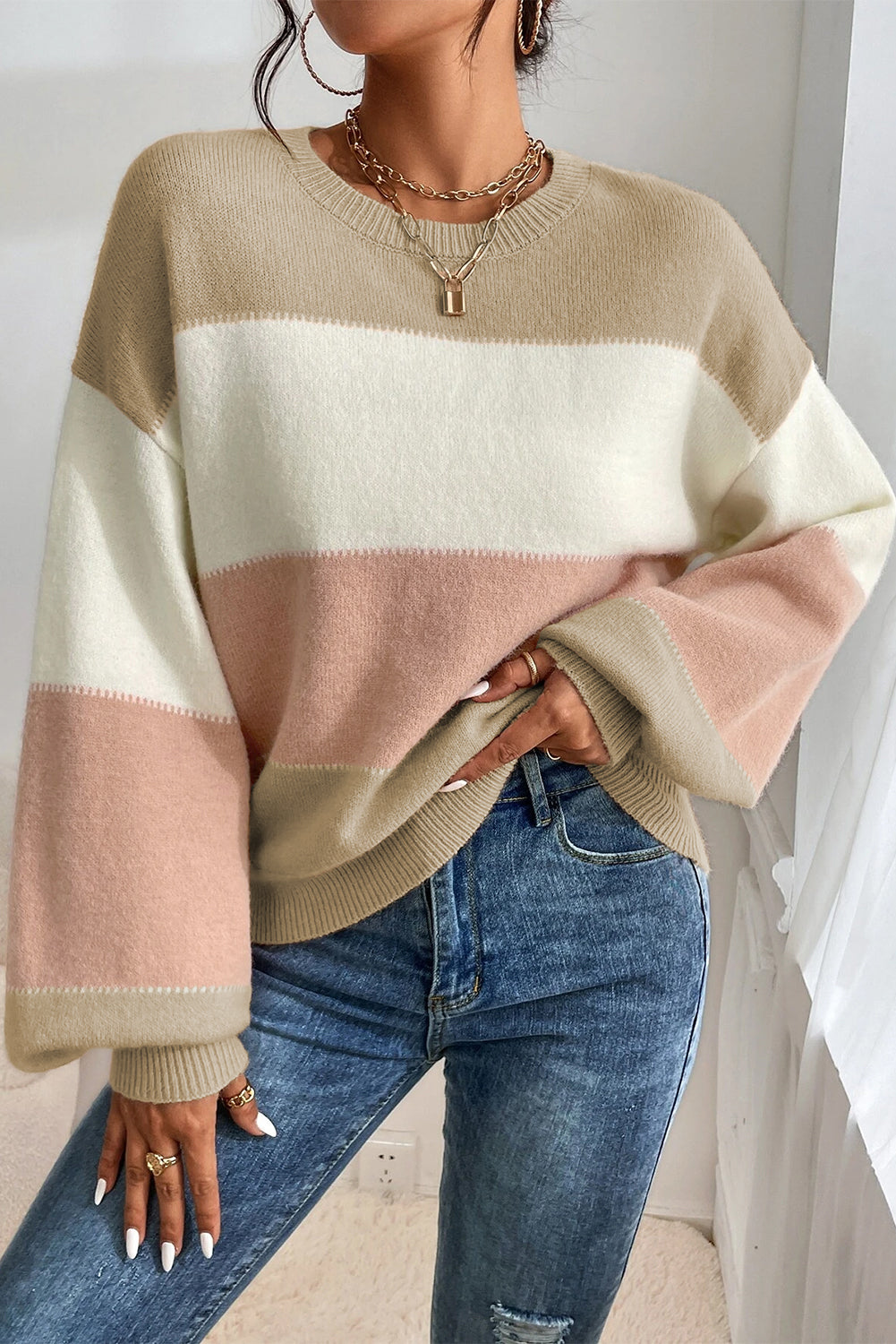 Dusty Pink Color Block Lantern Sleeve Drop Shoulder Sweater Sweaters JT's Designer Fashion