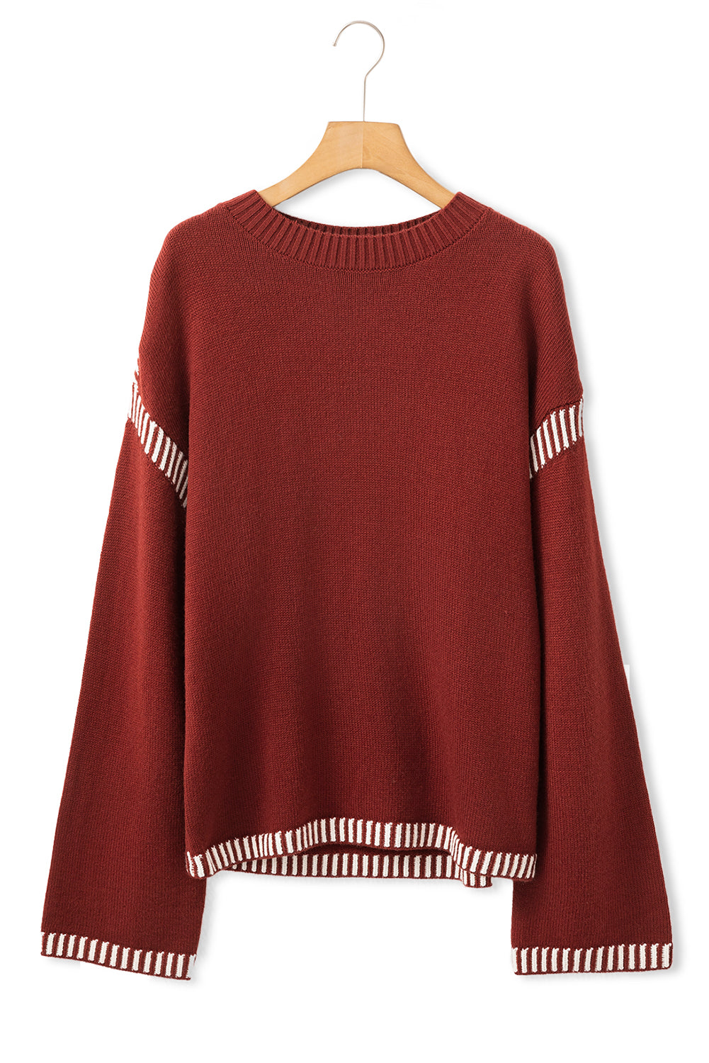 Red Dahlia Color Contrast Trim Drop Shoulder Crew Neck Sweater Sweaters JT's Designer Fashion