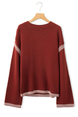 Red Dahlia Color Contrast Trim Drop Shoulder Crew Neck Sweater Sweaters JT's Designer Fashion