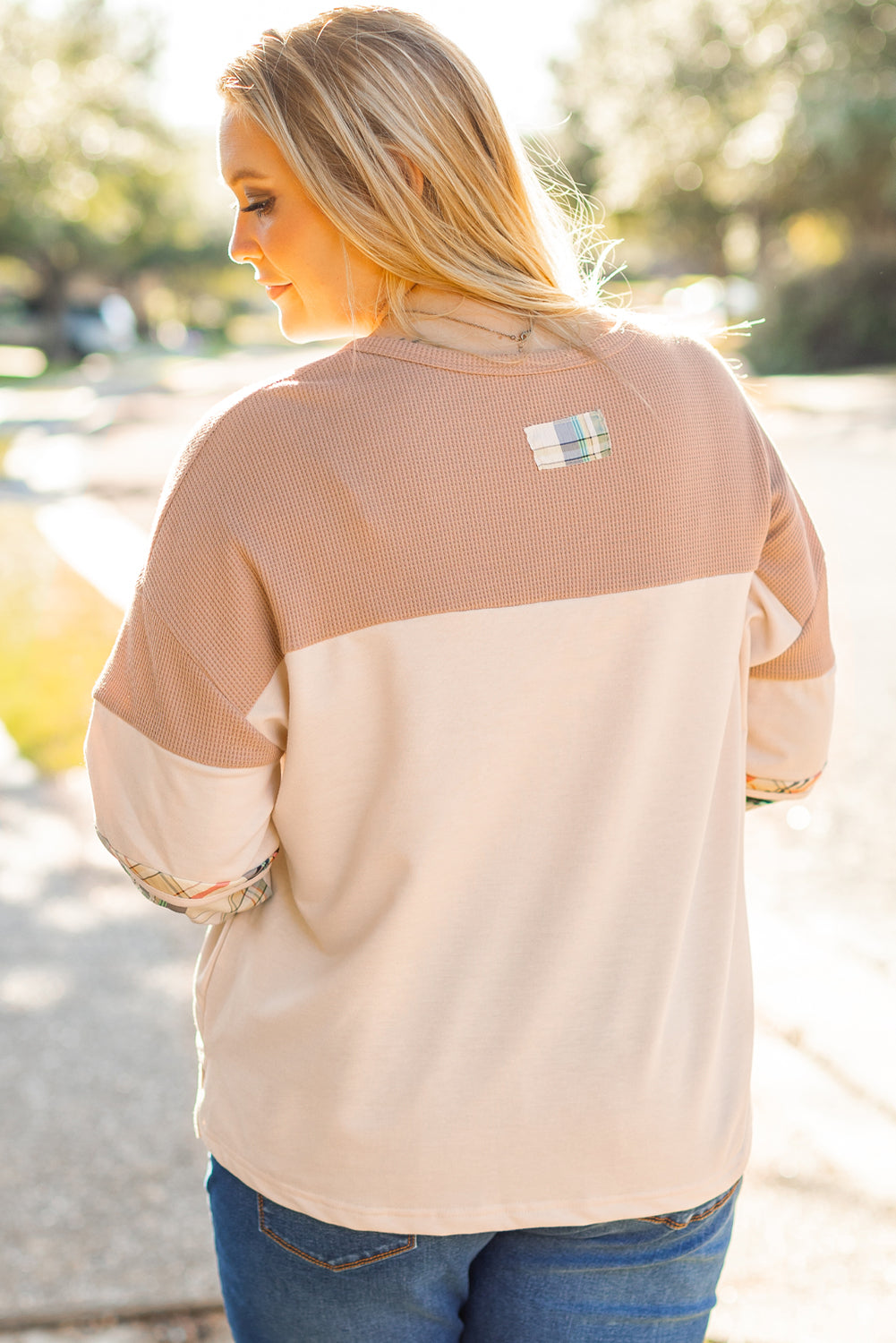 Parchment Plus Size Plaid Patchwork Layered Henley Top Plus Size Long Sleeve Tops JT's Designer Fashion