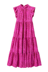 Rose Red Leopard Print Ruffled Trim Tiered Long Dress Maxi Dresses JT's Designer Fashion