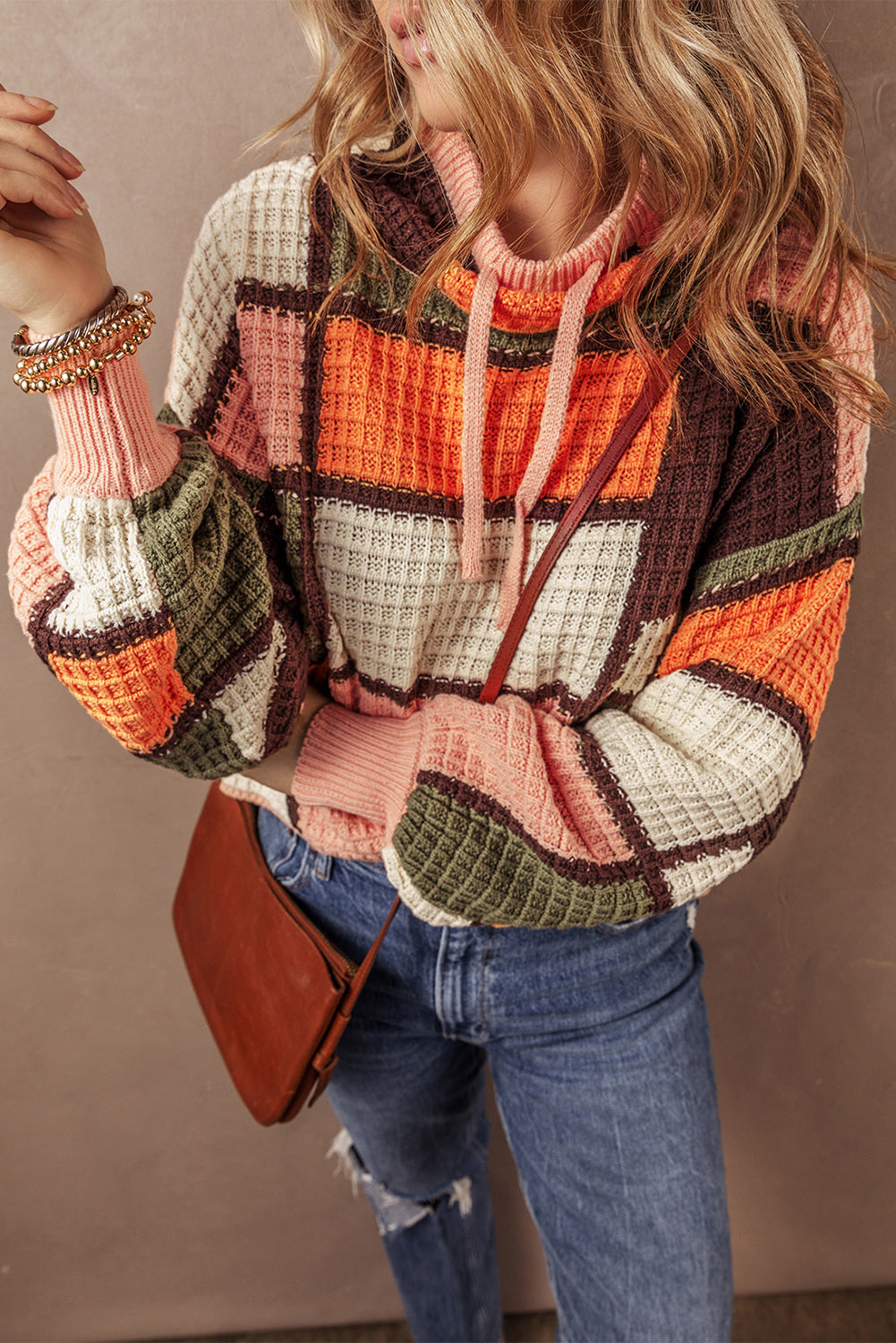 Orange Color Block Waffle Knit Drawstring Mock Neck Sweater Sweaters JT's Designer Fashion