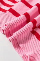 Pink Stripe Bubble Sleeve Drop Shoulder Ribbed Trim Sweater Sweaters JT's Designer Fashion