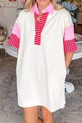 White Stripe Colorblock Short Sleeve Collared Mini Dress Dresses JT's Designer Fashion