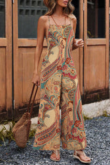 Red Paisley Printed Spaghetti Straps Elegant Wide Leg Jumpsuit Jumpsuits & Rompers JT's Designer Fashion