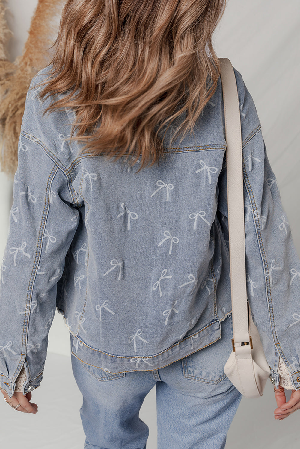 Sky Blue Bow Knot Print Light Wash Raw Hem Denim Jacket Denim Jackets JT's Designer Fashion