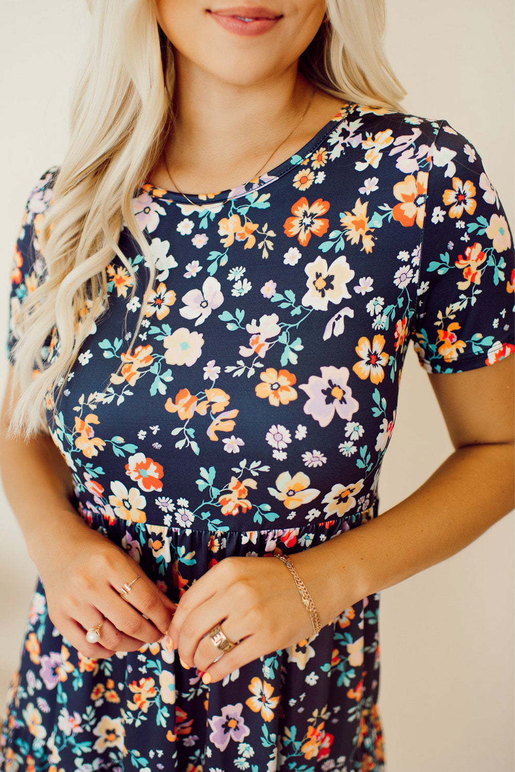 Blue Short Sleeve A-line Floral Dress Floral Dresses JT's Designer Fashion