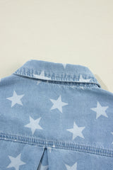 Sky Blue Star Print Light Wash Raw Hem Denim Jacket Denim Jackets JT's Designer Fashion