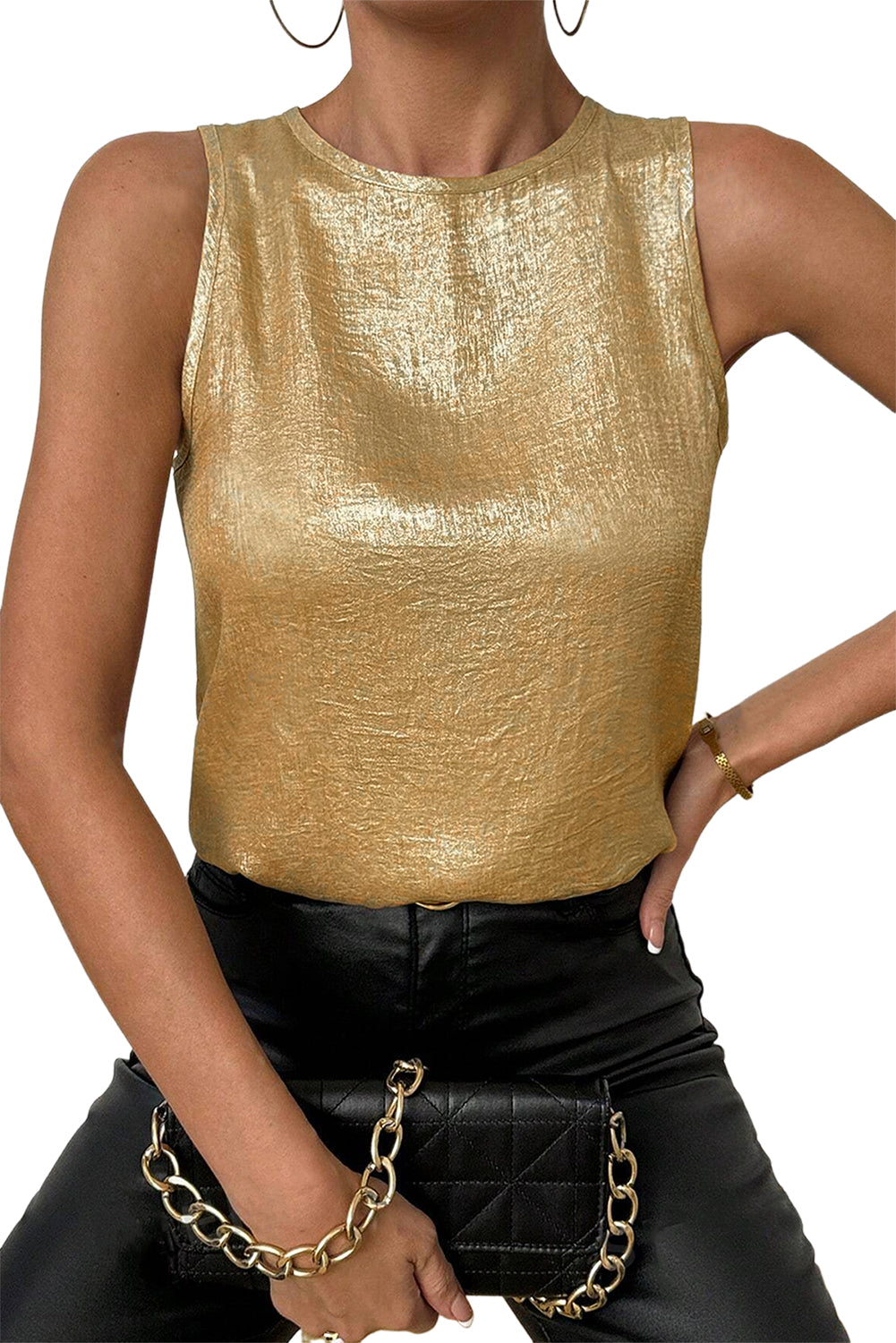 Gold Round Neck Metal Texture Casual Tank Top Blouses & Shirts JT's Designer Fashion