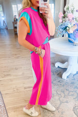 Strawberry Pink Color Block Detail Casual Two-piece Outfit JT's Designer Fashion