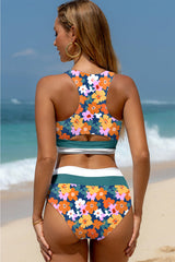 Green Floral Print Racerback Cutout High Waist 2pcs Bikini Bikinis JT's Designer Fashion