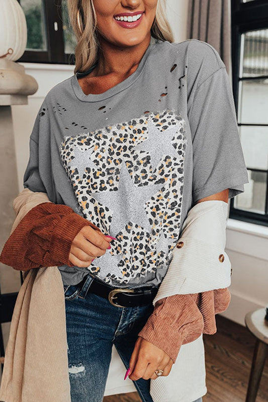 Medium Grey Stars Leopard Graphic Distressed Tee Graphic Tees JT's Designer Fashion