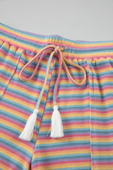 Pink Stripe Crew Neck Tee and Tasseled Drawstring Shorts Set Short Sets JT's Designer Fashion