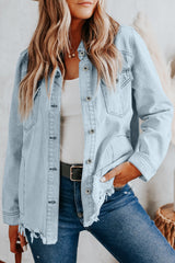 Sky Blue Flap Pocket Buttoned Raw Hem Denim Jacket Denim Jackets JT's Designer Fashion