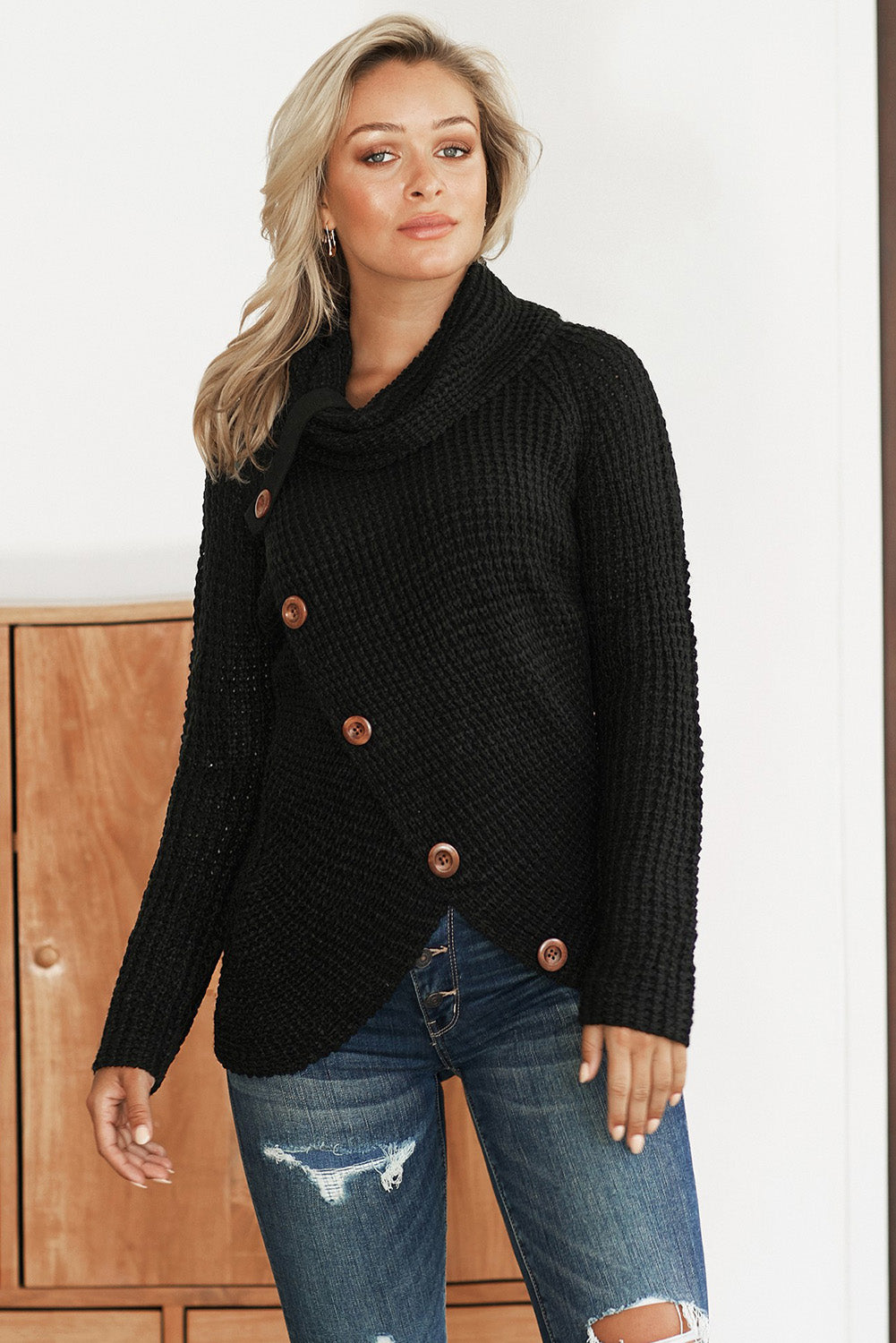 Black Buttoned Wrap Turtleneck Sweater Sweaters & Cardigans JT's Designer Fashion
