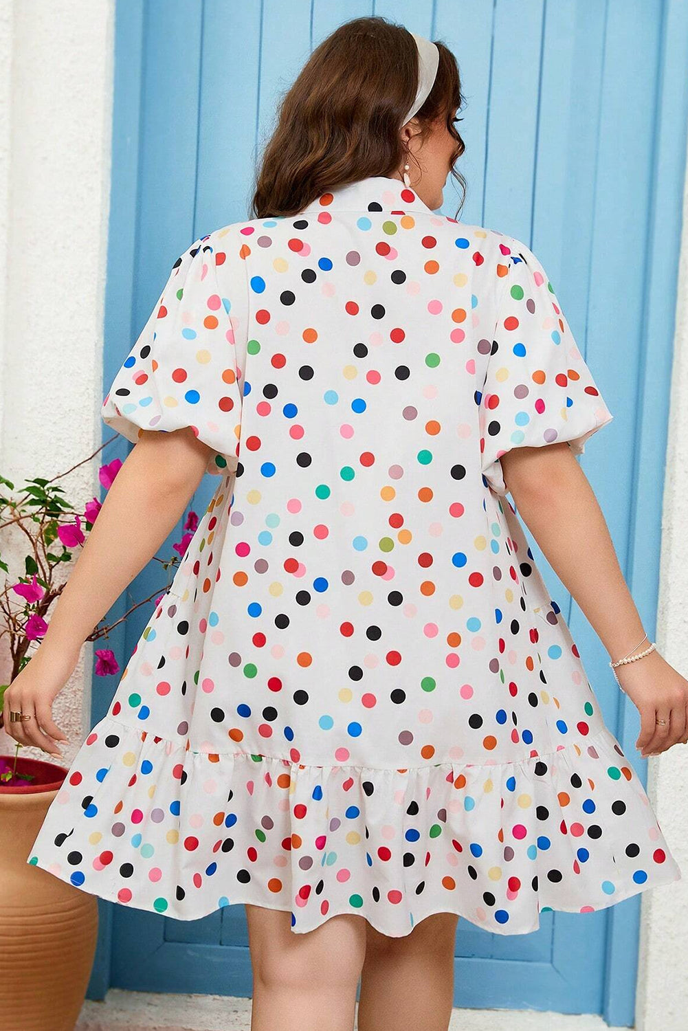 White Polka Dot Print Bubble Sleeve Button Up Plus Size Shirt Dress Plus Size Mini Dresses JT's Designer Fashion