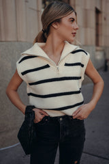 White Stripe Zipped Collar Cap Sleeve Knit Top Sweaters & Cardigans JT's Designer Fashion