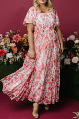 Pink Plus Size Floral Square Neck Puff Sleeve Ruffle Maxi Dress Pink Plus Size Dresses JT's Designer Fashion