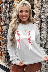 Gray Rugby Football Bowknot Graphic Game Day O Neck Sweatshirt Graphic Sweatshirts JT's Designer Fashion
