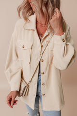 Oatmeal Corduroy Flap Pocket Button Up Shacket Jackets JT's Designer Fashion