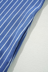 Sky Blue Stripe Frilly Split Neck Shirred Ruffle Sleeve Short Shift Dress Mini Dresses JT's Designer Fashion