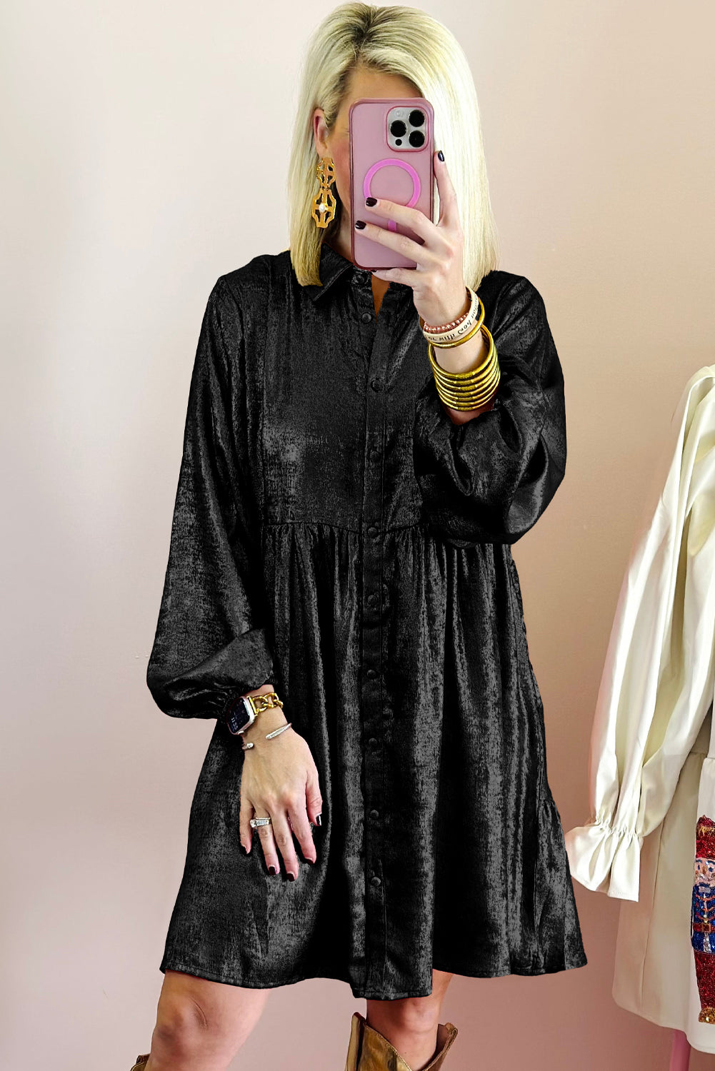 Black Metallic Sheen Puff Sleeve Button Up Mini Shirt Dress Mini Dresses JT's Designer Fashion