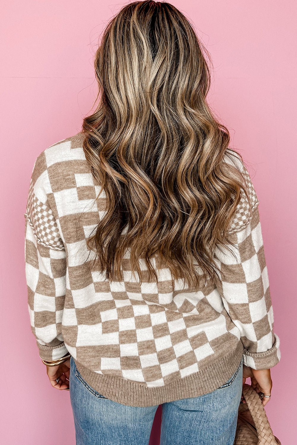 Khaki Checkered Print Drop Shoulder Round Neck Sweater Sweaters JT's Designer Fashion