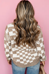 Khaki Checkered Print Drop Shoulder Round Neck Sweater Sweaters JT's Designer Fashion