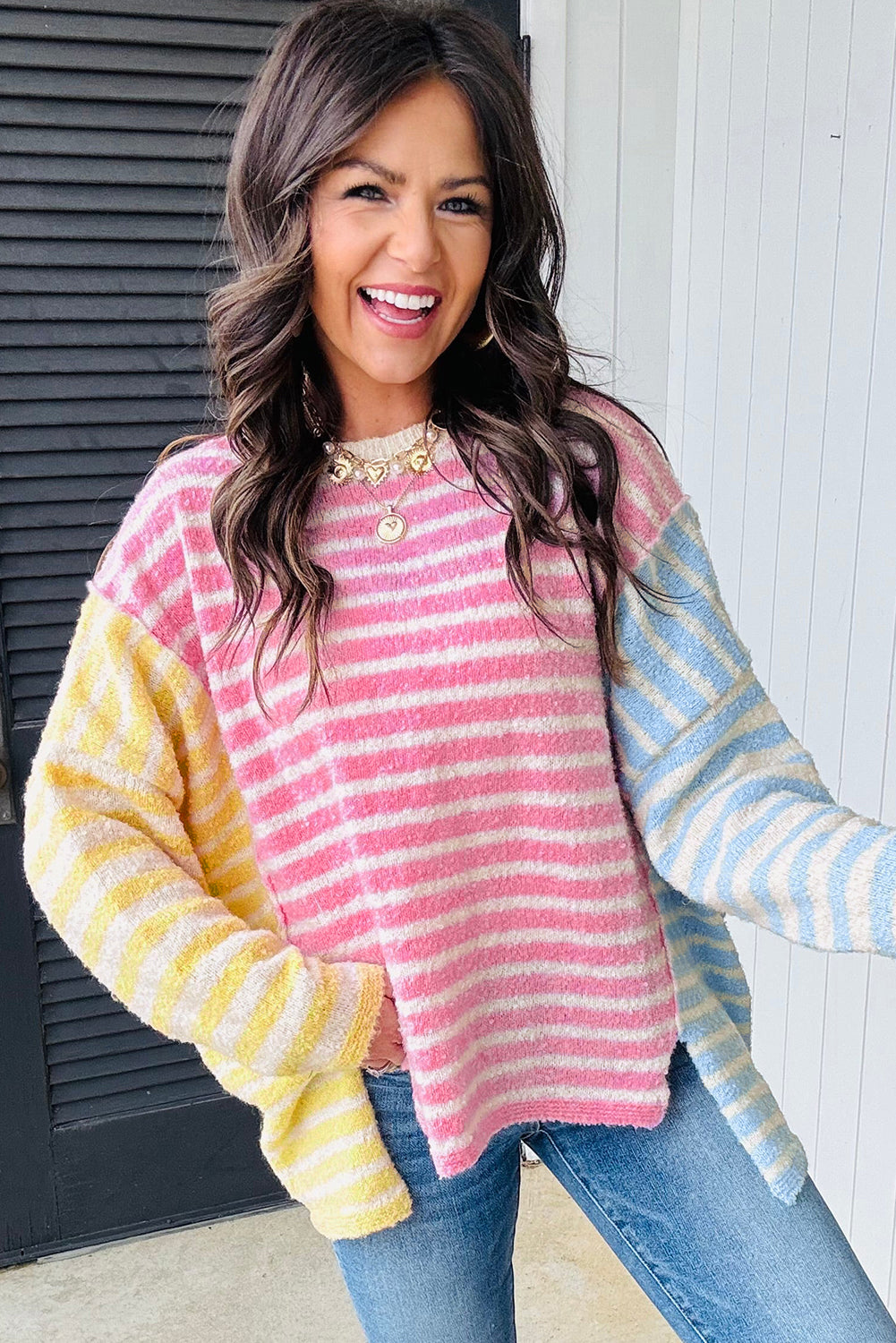 Multicolour Color Block Striped Patchwork Dolman Sleeve Slit Sweater Sweaters JT's Designer Fashion