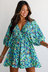 Green Abstract Print Puff Sleeve V Neck High Waist Romper Jumpsuits & Rompers JT's Designer Fashion