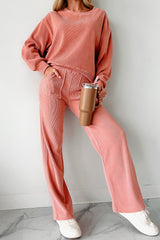 Blossom Ribbed Knit Drop Shoulder Pocketed Two Piece Lounge Set Pant Sets JT's Designer Fashion