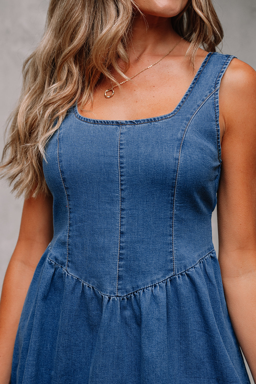 Sail Blue Square Neck Bowknot A-line Sleeveless Denim Dress JT's Designer Fashion