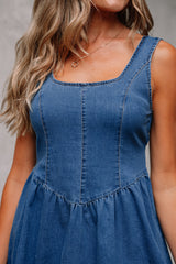 Sail Blue Square Neck Bowknot A-line Sleeveless Denim Dress JT's Designer Fashion