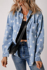 Sky Blue Star Print Light Wash Raw Hem Denim Jacket Sky Blue 82%Cotton+10%Polyester+8%Viscose Denim Jackets JT's Designer Fashion