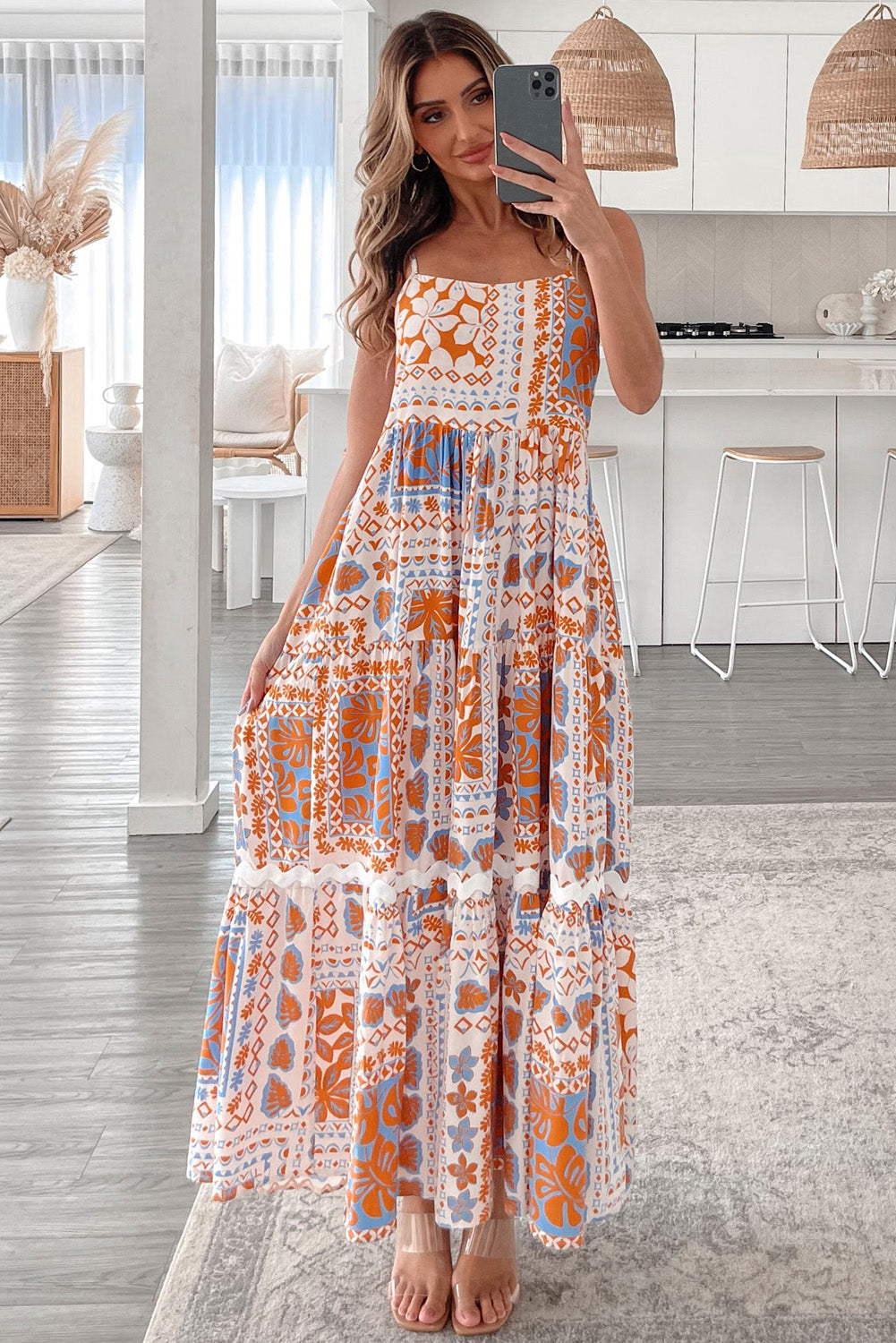 Orange Multi Printed Ricrac Trim Spaghetti Straps Long Dress Maxi Dresses JT's Designer Fashion
