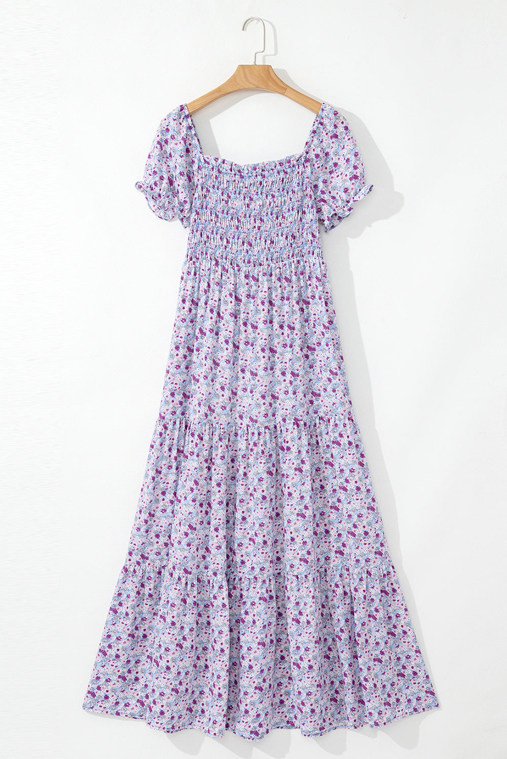 Purple Floral Short Bubble Sleeve Shirred High Waist Long Dress Maxi Dresses JT's Designer Fashion