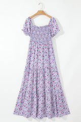 Purple Floral Short Bubble Sleeve Shirred High Waist Long Dress Maxi Dresses JT's Designer Fashion