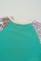 Aruba Blue Plaid Vintage Paisley Patchwork Long Sleeve Raglan Top Long Sleeve Tops JT's Designer Fashion
