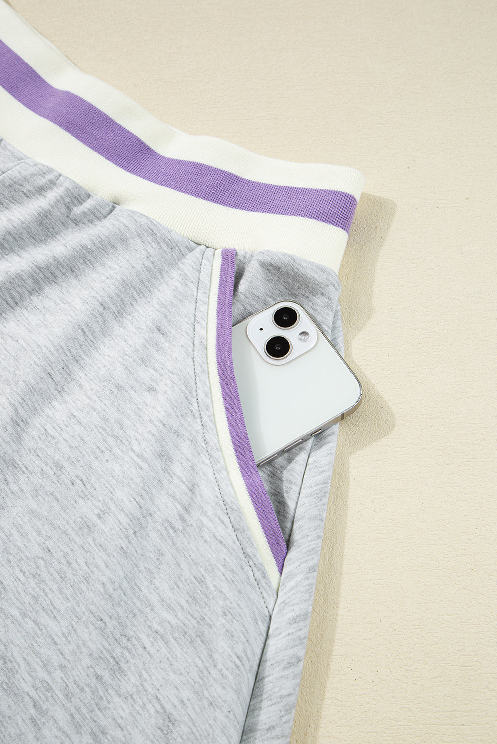 Light Grey Contrast Striped Bands Cropped Pullover and Athletic Short Set Short Sets JT's Designer Fashion