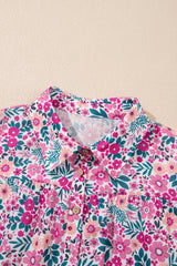 Pink Floral Collared Half Placket Short Sleeve Loose Dress Floral Dresses JT's Designer Fashion