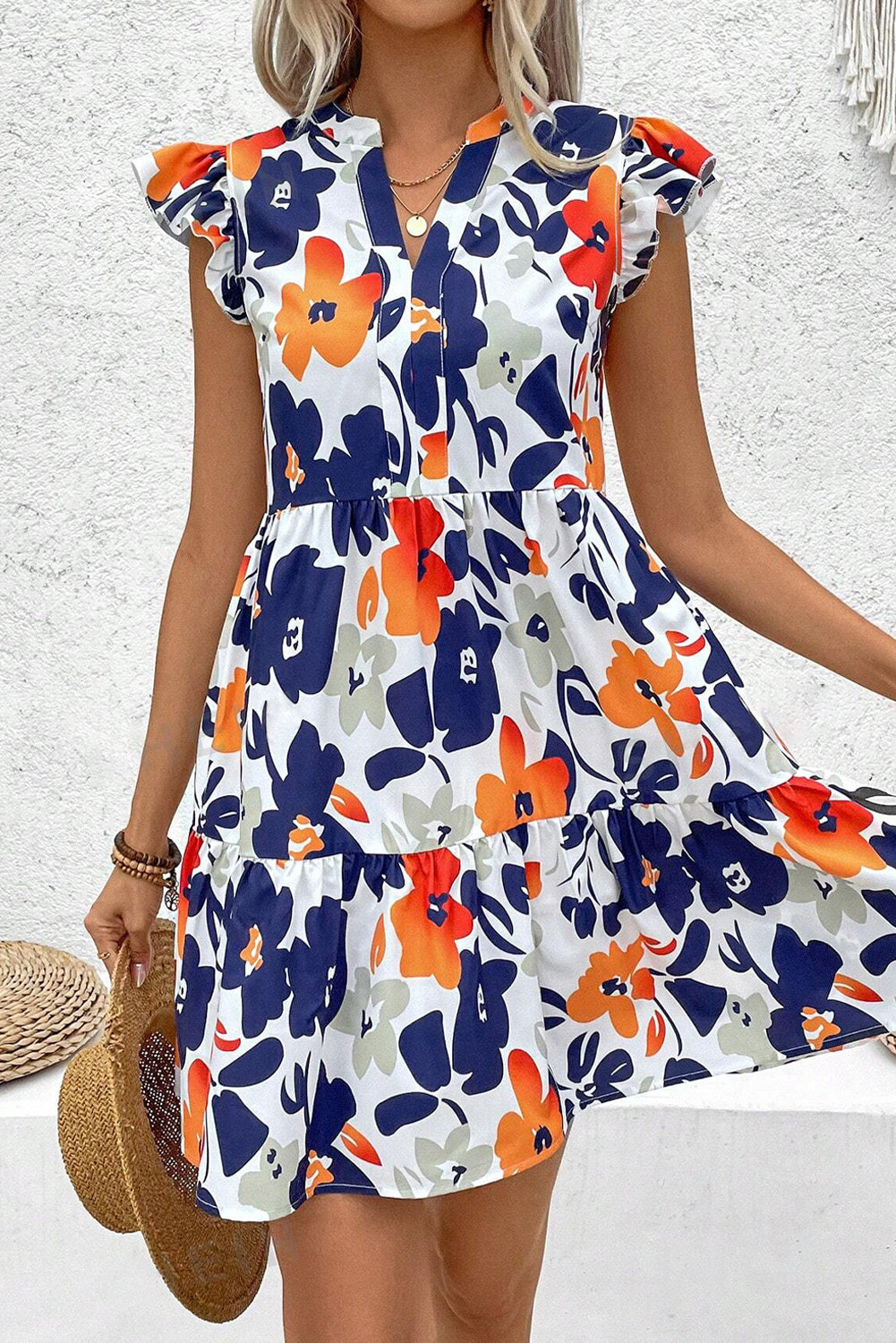 Orange Floral Print Notched Neck Flutter Sleeve Mini Dress Floral Dresses JT's Designer Fashion